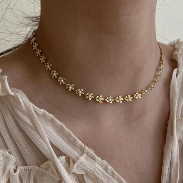 

korea spring summer temperament metal white small flower necklace clavicle chain for women girl jewelry party, Golden;silver