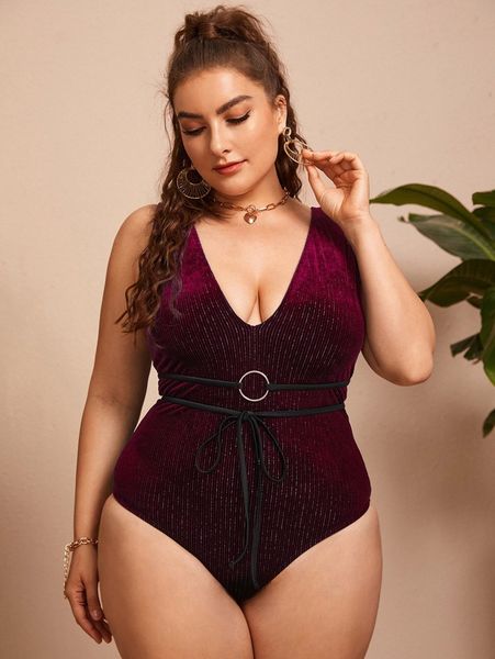 

plus velvet belted one piece swimsuit v0ne#, Black