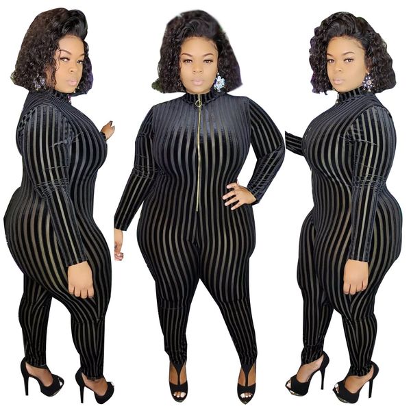 

aj4088 2021 european and american fashion women's mesh flocking striped bodysuit jumpsuit 5xl, Black;white