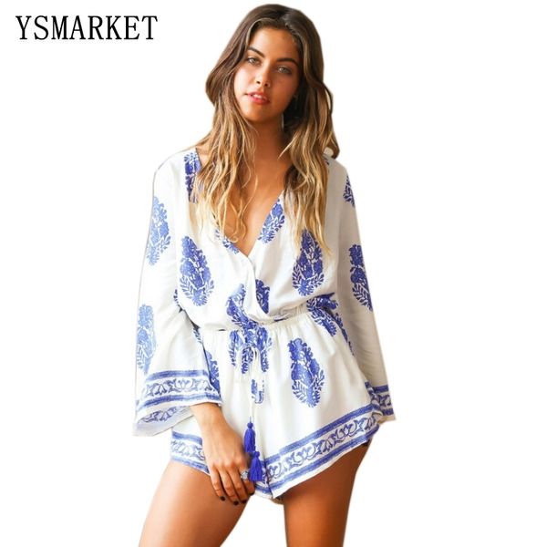 

boho floral print womens v neck flare sleeves summer beach loose short jumpsuit playsuits e359 t200704, Black;white