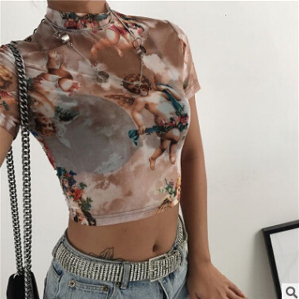 

women's summer transparent angel printed mesh sheer female short sleeve printing o-neck t-shirts, White