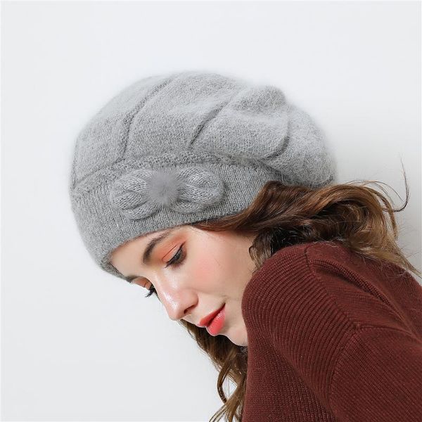 

beanie/skull caps double layer design winter hats for women hat fur warm knitted big flower cap beanies 2021, Blue;gray