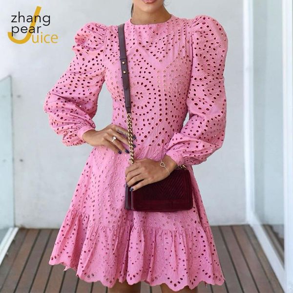 

women elegant dress fashion bubble sleeve vestidos lace dress female hollow out solid, Black;gray