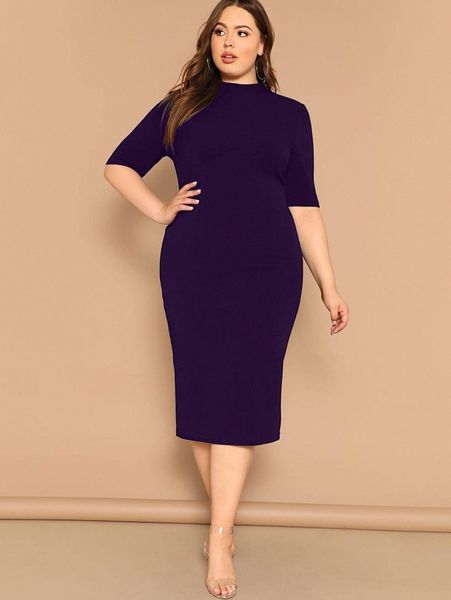 

plus mock-neck solid pencil dress w1ht#, Black