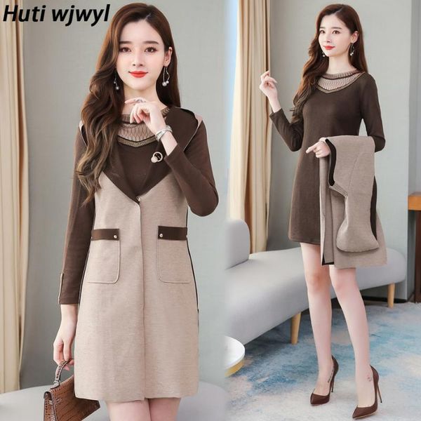 

2021 vintage two piece set casual office coat autumn winter 5xl plus size outwear dress elegant women bodycon party midi trench, Tan;black