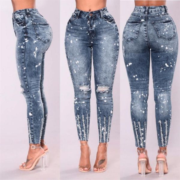

women's jeans 2021 fashion tight casual high waist stretch cotton hole slim pencil pants trousers 3.20, Blue
