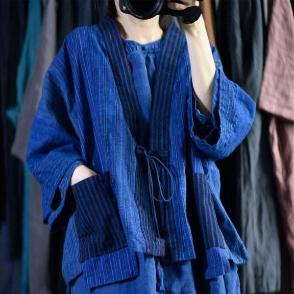 

women's jackets johnature autumn retro patchwork striped lace up cardigan coats 2021 cotton linen comfortable all-match women fashion j, Black;brown