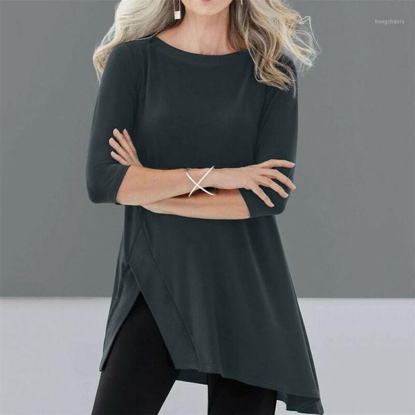 

plus size women's loose crew neck 3/4 sleeve t-shirts solid casual long pullover jumper solid slit irregular shirts 5xl1, White