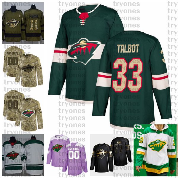 

2021 reverse retro customize #33 cam talbot minnesota wild hockey jerseys golden edition camo veterans day fights cancer custom shirts, Black;red