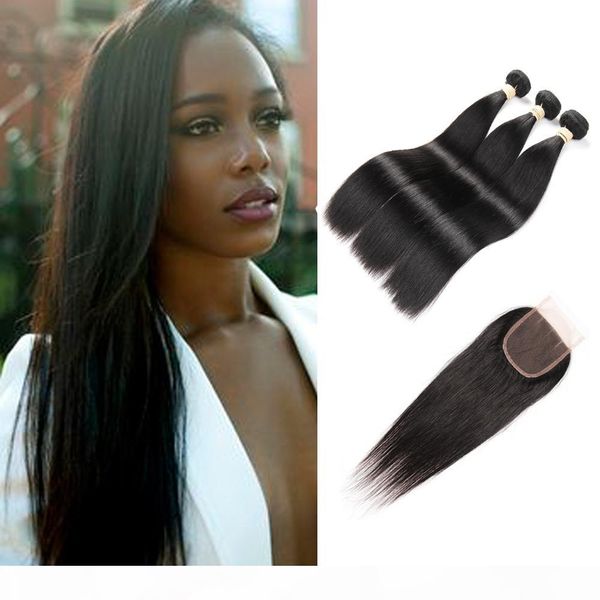 

бразильские прямые пакеты волос с закрытием 4x4 необработанные бразильские девственные волосы прямые с кружевным закрытием дешевые наращиван, Black