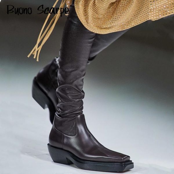 

fashion catwalk over the knee boots genuine leather thigh high boots square toe chunky heel elastic slim long brand shoes1, Black