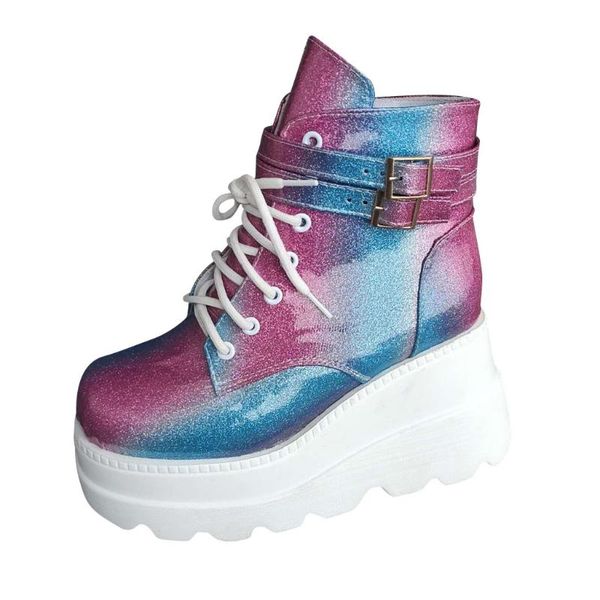 

ankle boots women's multicolor wedge platform shoes woman tie dye booties fashion ladies zip up platform shoes thick bottom boot, Black