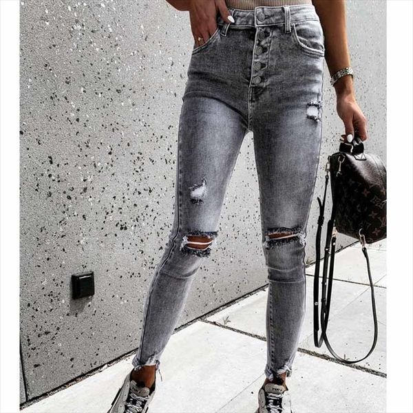 

2020 new mid waist skinny autumn ripped jeans woman vintage distressed denim pants holes pencil pants femme casual jean trousers, Blue