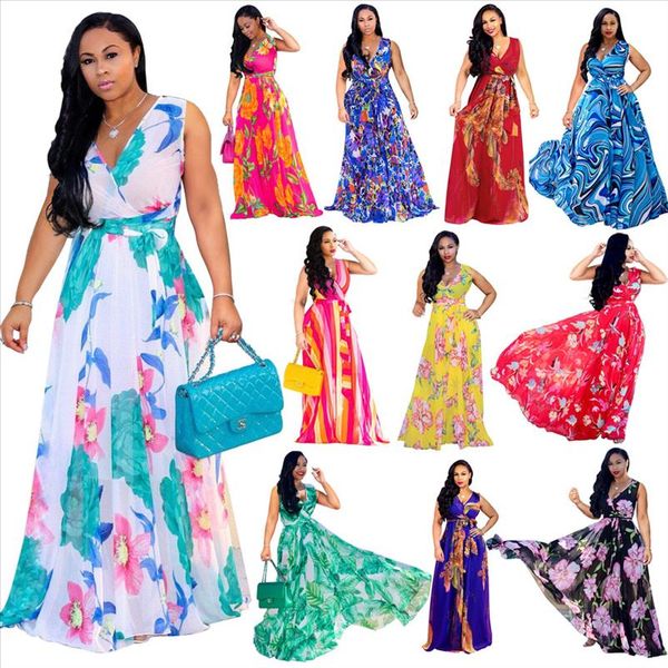 

2019 summer women maxi dress floral print chiffon plus size boho style vestidos elegant beach long dress big size dresses, Black;gray
