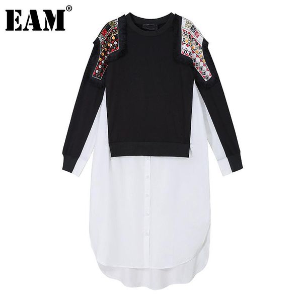 

eam] women black embroidery split midi dress new round neck long sleeve loose fit fashion tide spring autumn 2021 1dc687, Black;gray