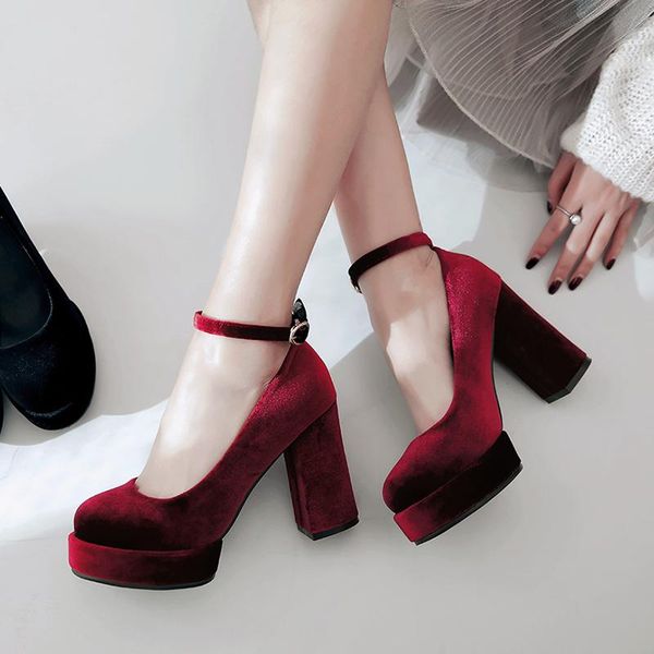 

platform high heels pumps women shoes designer blue green velvet womens heels fashion ankle straps wedding party office shoes, Black