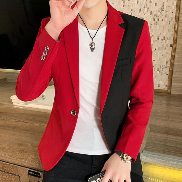 

men's suits & blazers autumn party club banquet blazer hombre jacket men stylish single button fashion red black patchwork, White;black