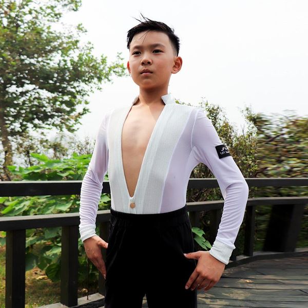 

stage wear latin dance long sleeves big v-neck competition performance shirts boys rumba cha tango salsa child dn4177, Black;red