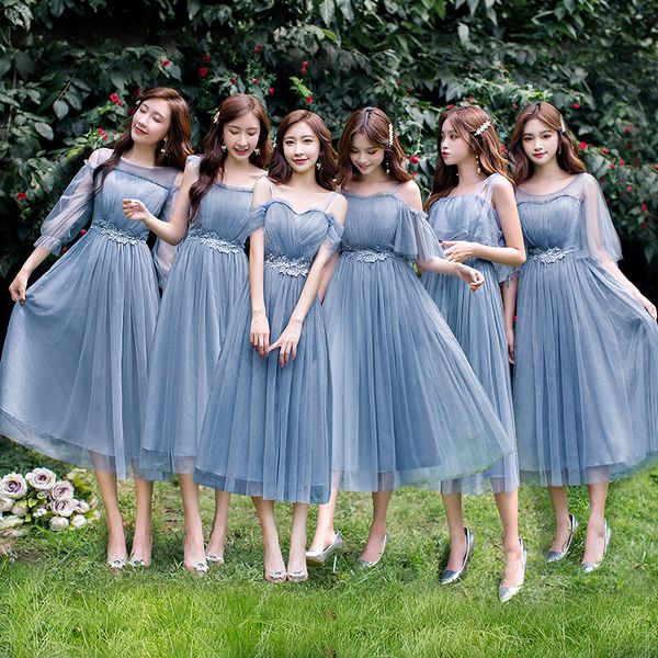 

Summer A-line Knee-length Chiffon Regular Simple Belt Blue Gray Pink Champagne Elegant Mesh Women Bridesmaid Dresses 9940, Blue v080