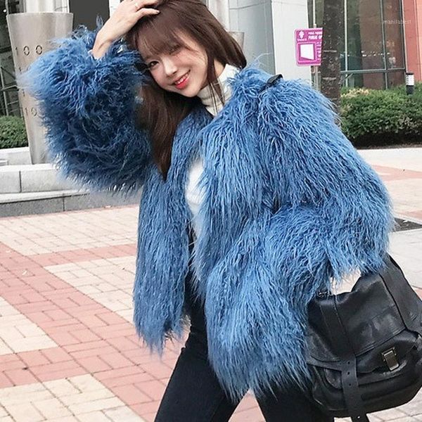

faux wool long fur 2019 winter new fashion street blue thin faux fur plush coat white coat womens and coats hn2781, Black