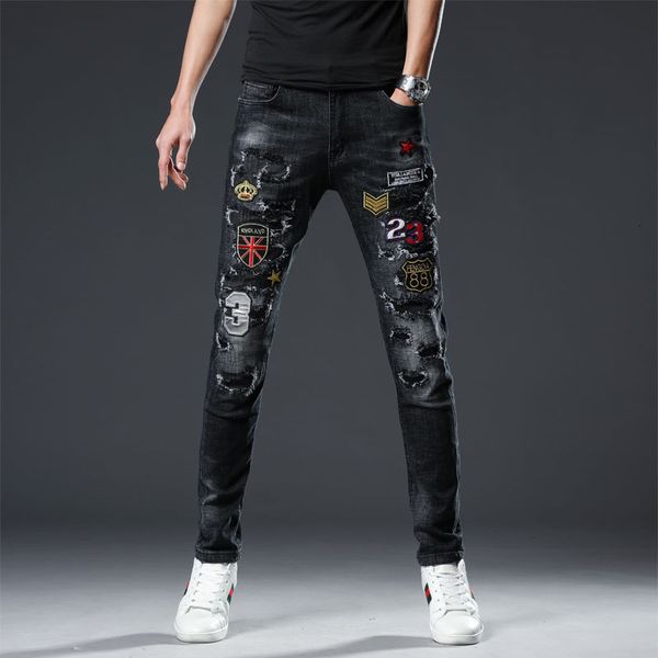 

2021 new men's male trousers trend personality multi-badge ripped jeans black fashion style scratched slim korean embroidery au4m, Blue