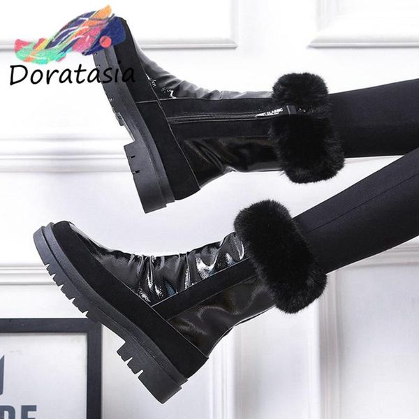 

doratasia women waterproof platform shoes casual short plush pleated snowboots women round toe mid calf boots, Black
