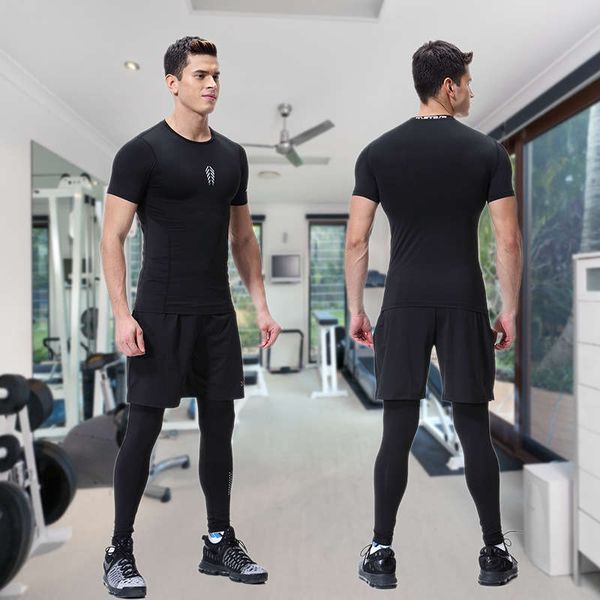 

fitness men's quick dry tights gym high bounce training running sportswear three piece summer suit, Gray