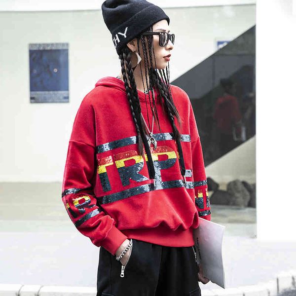 

women's hoodies & sweatshirts tuogu chao brand women's clothing autumn winter letter sequin coral velvet hooded loose sweater wome, Black