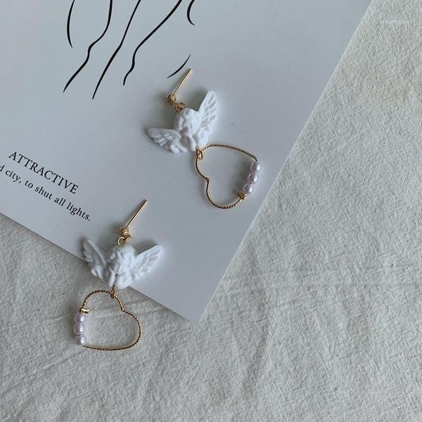 

kpop creative harajuku cute cupid angel pendant drop earring heart with pearl aesthetic chic jewelry for cool women egirl gift1, Silver