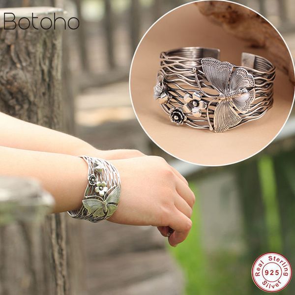 

100% pure 925 sterling silver colour bracelet women wide 40mm thailand handmade butterfly flowers opening bracelet hollow women q1201, Black