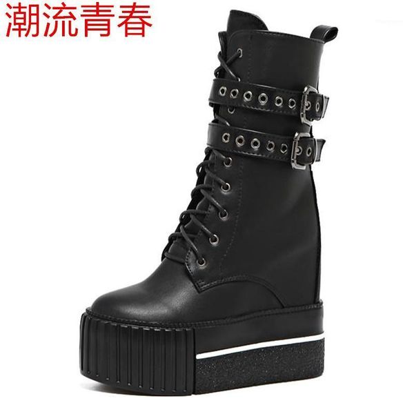 

fashion women gothic ankle boots wedges punk shoes sequined belt buckle ultra very high heel 12cm chunky women boots1, Black