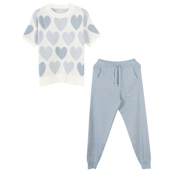 

2021 2 piece sets womens knit outfits love heart short sleeve o-neck + lace up waist ankle harem pants new 0mni, Black;white