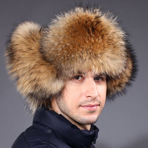 

men's russia cap2020 fur of men to keep warm in winter raccoon skin hat caps fret ear, Blue;gray