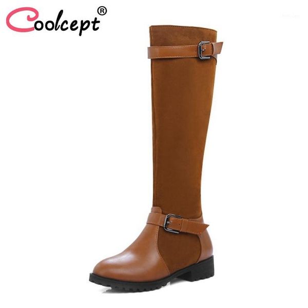 

coolcept size 34-44 women long boots buckle fur winter shoes woman buckle patchwork fashion warm knee boots women footwear1, Black