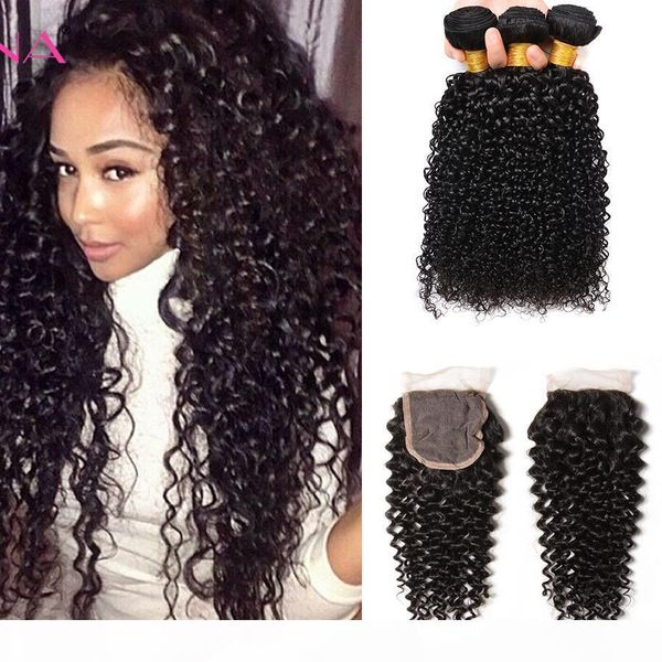 

brazilian curly human hair 3 bundles with lace closure brazilian virgin hair bundles wefts kinky curly hair weaves with 4x4 closure, Black;brown