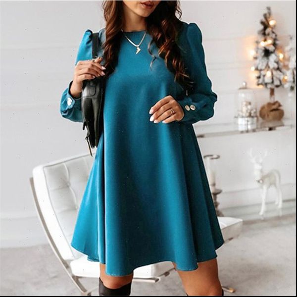 

women back metal buttons o neck shirt mini dress long sleeve elegant a line tunics female dresses 2021 autumn vestidos plus size, Black;gray