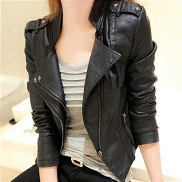 

women fashion faux leather jacket turn -down collar short coat slim fit top, Black;brown