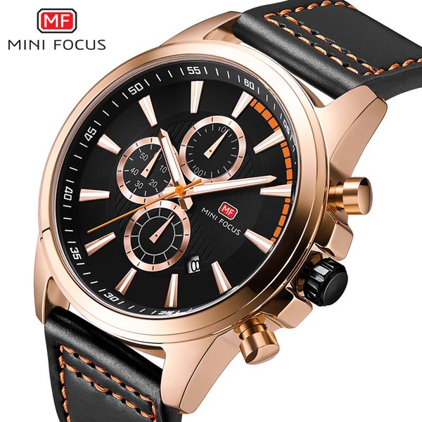 

mini focus mens wristwatch quartz watch men waterproof sport chronograph leather strap male wrist clock relogio masculino, Slivery;brown