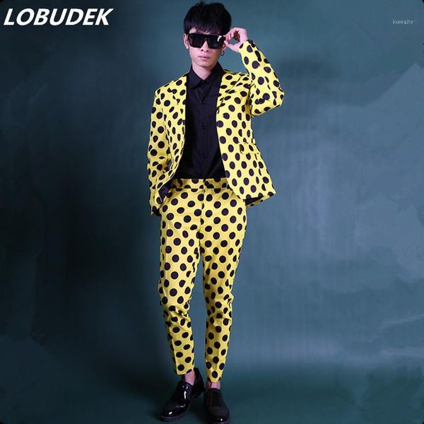 

men's dot suit black yellow printed blazer pants 2-pieces set punk hip hop singer host suits club magician funny stage costume1, White;black