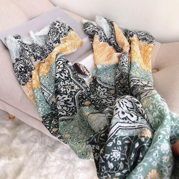 

scarves 2021 est cotton flower print frayed shawls wrap women long floral trendy muffler scarf hijab headband, Blue;gray