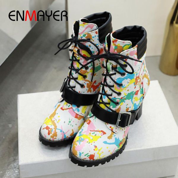 

enmayer graffiti personality trend winter boots women lace-up round toe square heel super highpu women shoes ankle short plush, Black