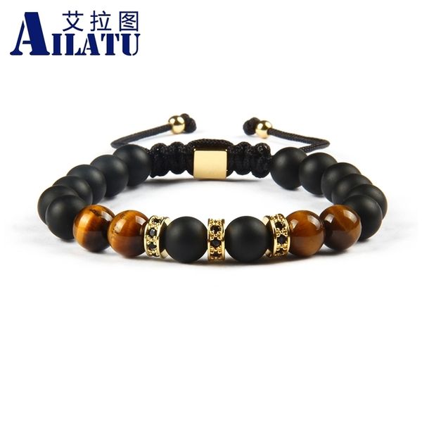 

ailatu wholesale 10pcs/lot cubic micro pave black cz spacer beads macrame bracelet with natural tiger eye stone beads y200730