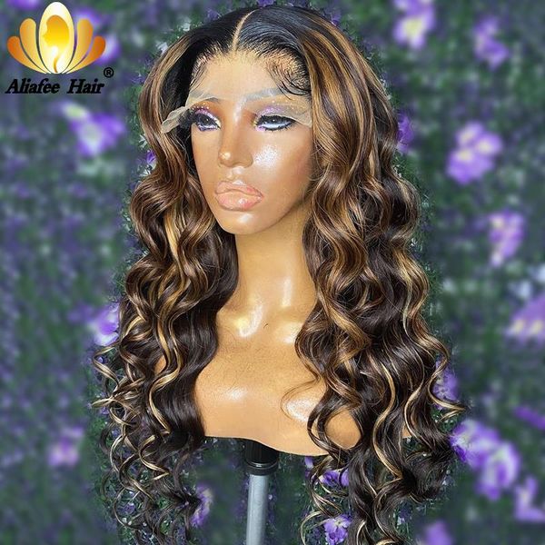 

aliafee malaysia loose deep wave wig curly lace frontal human hair wigs highlights colored lace wig pre plucked for black women, Black;brown