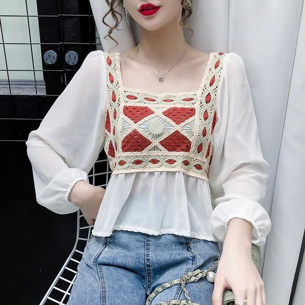 

women's blouses & shirts chiffon blouse women vintage patchwork lace female office lady casual chic korean clothing autumn 2021, White