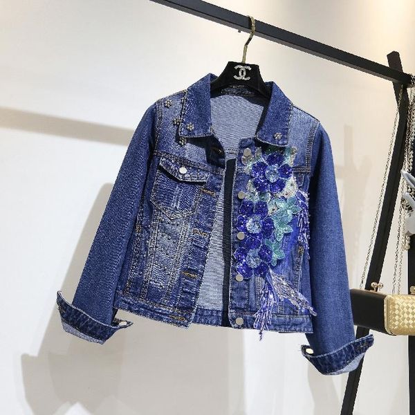 

women's jackets spring autumn women denim jacket coat all-match turn down collar beading floral embroidery loose casual students coats, Black;brown