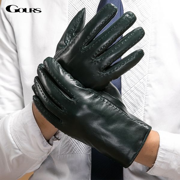 

gours men' winter genuine leather gloves dark green goatskin driving finger gloves new fashion brand mittens warm t200915, Blue;gray