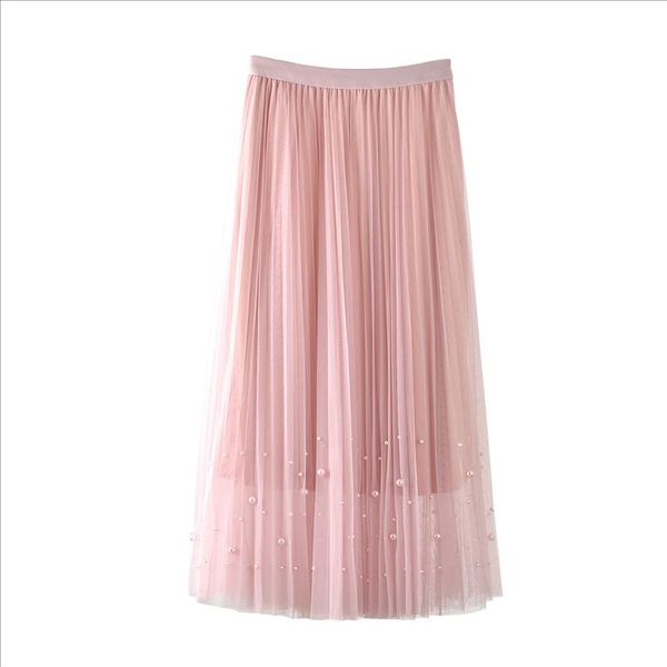 

summer spring 2021 women skirts beading mesh tulle skirt new korean style elastic high waist female long pleated skirt, Black