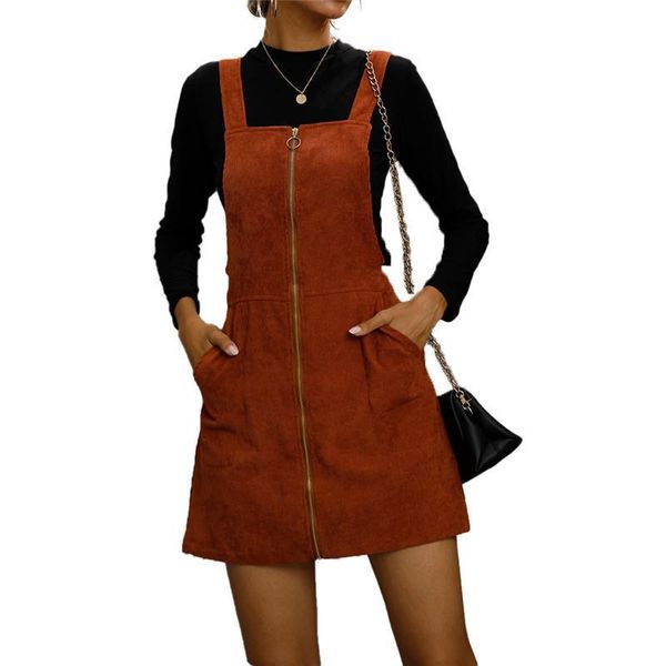 

women autumn overalls bodycon corduroy dress 2020 fashion streetwear casual zipper decor pocketed vestido drop shipping, Black;gray