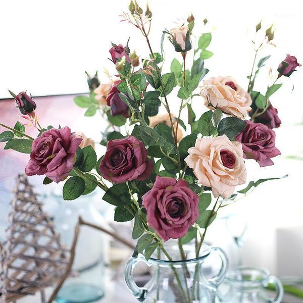 

3 heads/bouquet silk rose high qualit artificial flower wedding flower bouquet decorative for home room decoration1