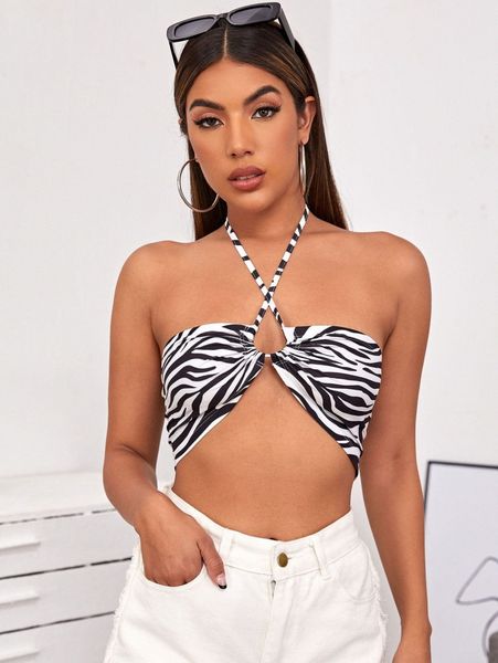 

crisscross tie backless zebra striped halter d5nc#, White